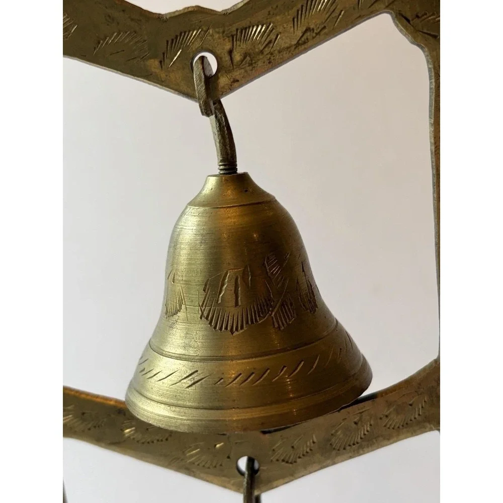 Vintage Brass Bell Tree 3 Etched Bells Stand Striker India Meditation Boho